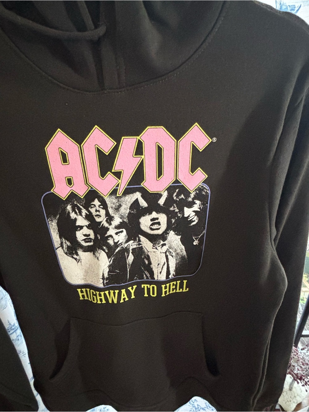 AC/DC Black Hoodie with Pink Logo and Yellow Text